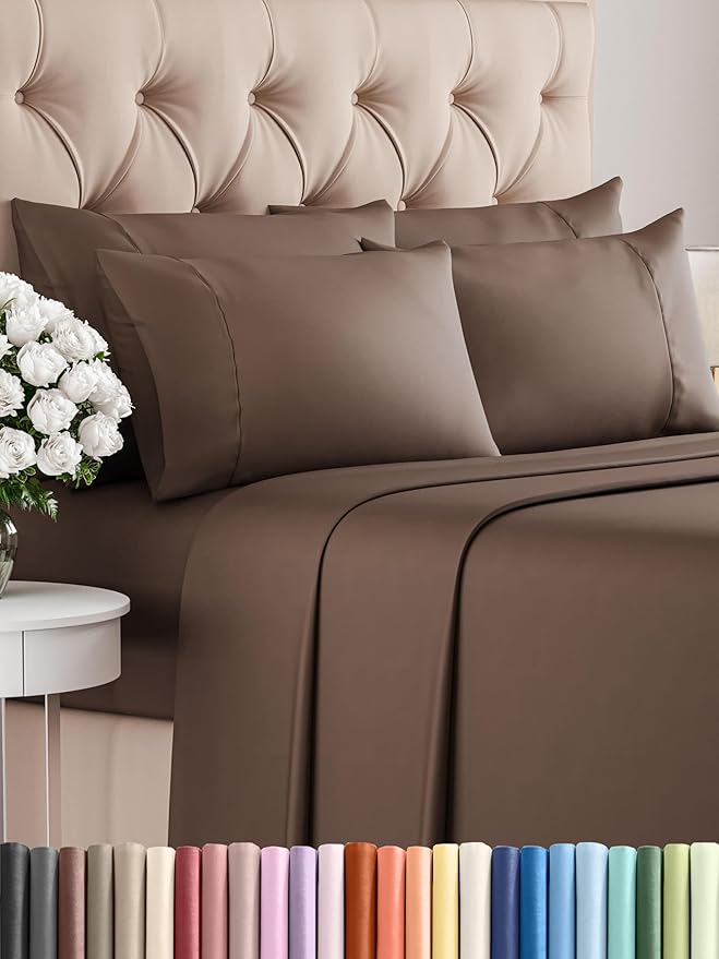 Cal King 6 Piece Sheet Set - Comfy Breathable & Cooling - Ultra-Soft Hotel Luxury Bedding Set with 8-16 Inch Deep Pockets - 1 Flat & 1 Fitted Sheet & 4 Pillowcases - Wrinkle Free & Easy Care - Brown