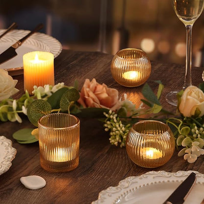 30pcs Assorted Ribbed Gold Votive Candle Holders, Gold Candle Holders for Wedding Table Centerpiece, Tea Light Candle Holder for Bridal Shower, Halloween, Christmas, Brithday and Holiday Decorations