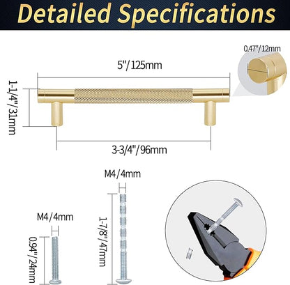 Knurled Cabinet Pulls 6 Pack, 5 Inch Long Cabinet Handles Metal Door Pulls, Kitchen Drawer Pull Knurled Dresser Handles - 3 3/4" Hole to Hole, Golden