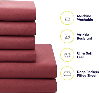 Sweet Home Collection 7 Piece Comforter Set Bag Solid Color All Season Soft Down Alternative Blanket & Luxurious Microfiber Bed Sheets, Burgundy, Twin (Pack of 4)