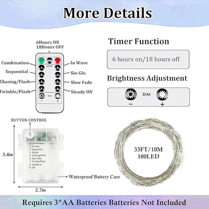 4-Pack Fairy Lights Battery Operated with Remote, Waterproof 33FT 100 LED Battery String Lights Outdoor Indoor, 8 Modes Twinkle Lights with Timer for DIY Home Centerpiece Christmas Decor (Cool White)