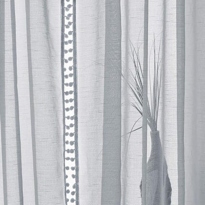 Treatmentex Pom-Pom Grey Sheer Curtains for Bedroom 63" Window Drapes Rod Pocket Textured Sheer Curtain for Kids Room 52" w 2 Panels