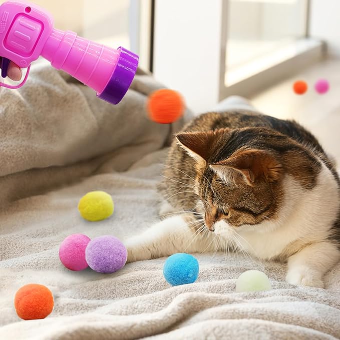 Andiker Plush Pom Pom Balls Set - Interactive Cat Toy (30pcs - Pink: 100balls, Launcher Set)-Mewly Pet