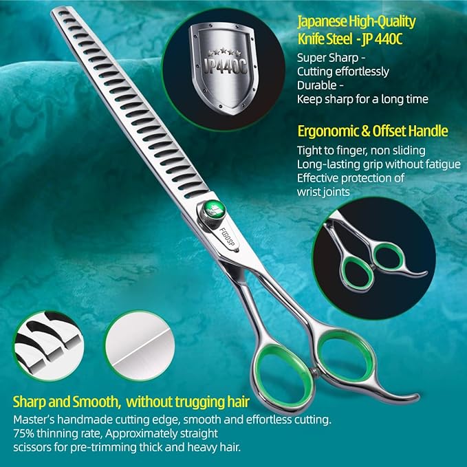 Professional Thinning Shears for Dogs 8 inch Dog Grooming Scissors for Pet Long Chunkers Shears Japanese 440C 70% Thinning Rate 24 Teeth Green Clover-Mewly Pet