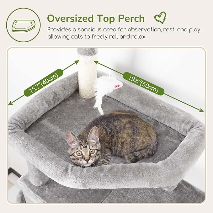 Globlazer Large Cat Tree Tower, Tall Cat Tree Condos for Indoor Cats Large Adult Cat Climbing Tower with 2 Spacious Caves, Oversized Top Perch, Big Hanging Basket, Cat Teaser Wand, F74B, Light Grey-Mewly Pet
