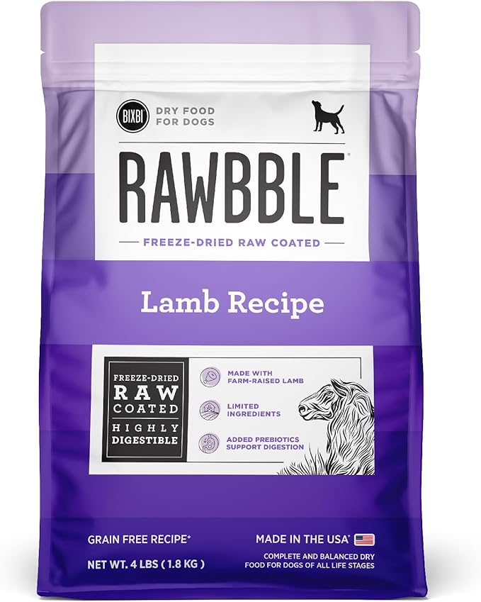 BIXBI Rawbble Dry Dog Food, Lamb, 4 lbs - USA Made with Fresh Meat - No Meat Meal & No Corn, Soy or Wheat - Freeze Dried Raw Coated Dog Food - Minimally Processed for Superior Digestibility-Mewly Pet