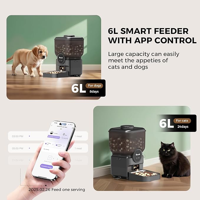 Automatic 6L Cat and Dog Feeder - Pet Feeder with WiFi and Smart Control via App - for Cats and Small Dogs, Auto Timed Food, Stainless Steel Bowl, Dual Powered, 12-Day Battery Life After Power Off-Mewly Pet