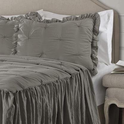 Lush Decor Ravello Pintuck Ruffle Skirt Bedspread Set - Luxe 3 Piece Ruffled Bedding Set - Traditional Glam & Farmhouse Inspired Bedroom Decor - King, Dark Gray