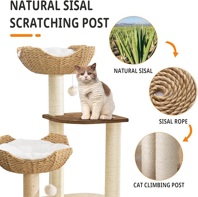 Big Modern Design Cat Tree Tower with White Cloud Mat, Unique Cat Supplies Tower with Scratching Post, Cute Wood Cat Tree Cat Furniture Activity Centre for Indoor Big Cats-Mewly Pet