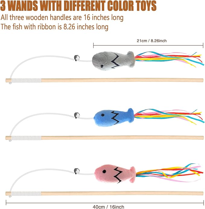 Natural Wood Cat Wand Toy with Ribbon Fish Teaser - 3pcs, 16 Inch, Indoor Cat Exerciser & Playing Kitten Toy, Bonus 5pcs Catnip Sticks for Teeth Cleaning-Mewly Pet