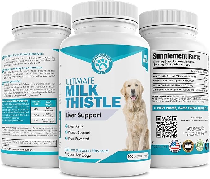 Wanderfound Pets Milk Thistle for Dogs – Tasty Salmon & Bacon Flavored Natural Liver Support for Pets – Kidney Cleanse Detox & Repair Formula Manufactured in The USA – 100 Chewable Tablets-Mewly Pet