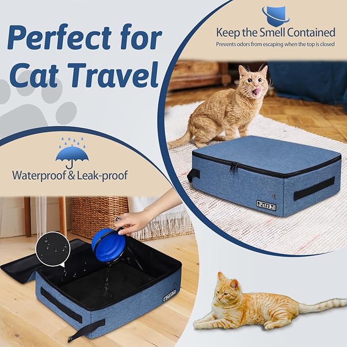 Petskd Portable Cat Travel Litter Box with Lid and 10 pcs Disposable Liner Bags, Leak-Proof and Collapsible, Cat Travel Essentials for Car, Hotel, Airplane and Other Outdoor Use(Blue)-Mewly Pet