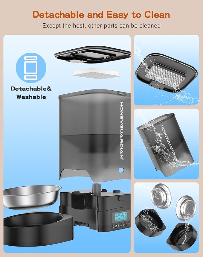 HoneyGuaridan 3.5L Automatic Cat Feeder for Two Cats, Food Dispenser with Stainless Steel Bowl,Timed Cat Feeder Programmable 1-6 Meals Control, Dual Power Supply,10s Meal Call Black-Mewly Pet