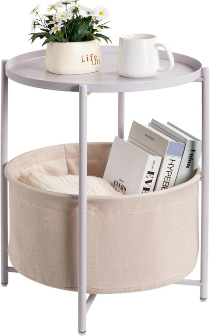 danpinera Round Side Table with Fabric Storage Basket, Metal Side Table Small Bedside Nightstand with Removable Tray Top for Living Room, Bedroom, Nursery, Laundry, Light Violet