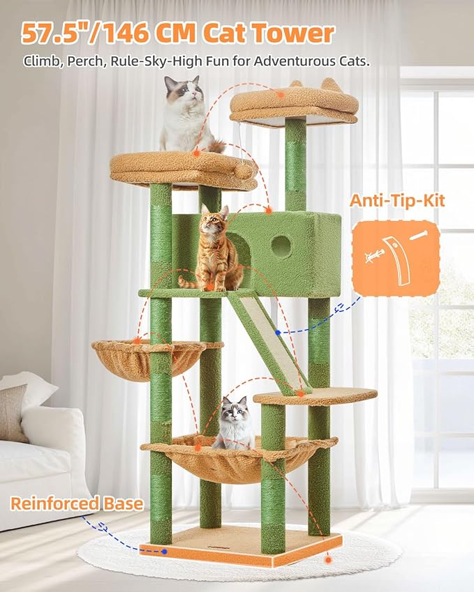 Taoqimiao Cactus Cat Tree, 57.5-Inch Cat Tower for Indoor Cats Large Adult, Extra Large Cat Condo, 8 Sisal Scratching Posts, Metal Frame Cozy Hammock, Durable Scratch Board, 2 Top Perches, MSC026-Mewly Pet