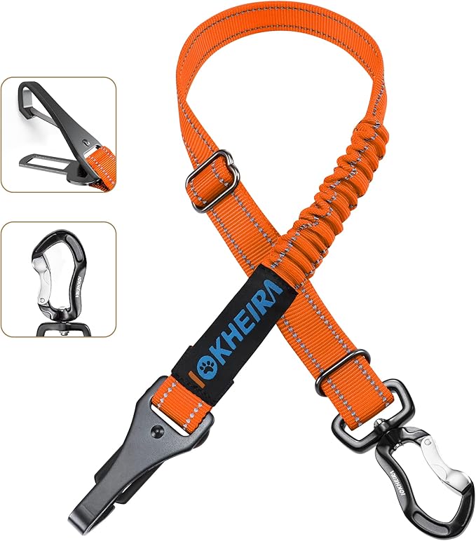 IOKHEIRA Orange Dog Seatbelt - Adjustable Reflective Bungee Harness with Aluminum Swivel Carabiner-Mewly Pet