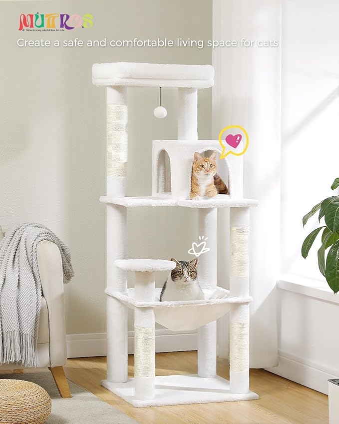 Cat Tree for Large Cats with Metal Plush Big Hammock, 56.3" Cat Tower for Indoor Cats with 2 Door Condo House, 6-Tier Cat Shelves with Scratching Posts and Large Top Perch, Cream White-Mewly Pet