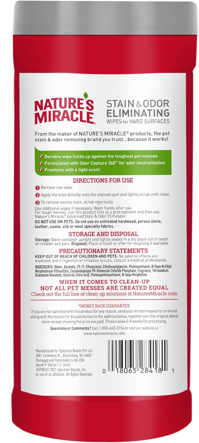 Nature’s Miracle Advanced Stain And Odor Eliminating Wipes for Hard Surfaces, 30 Count, Enzymatic Formula Eliminates Tough Pet Messes-Mewly Pet