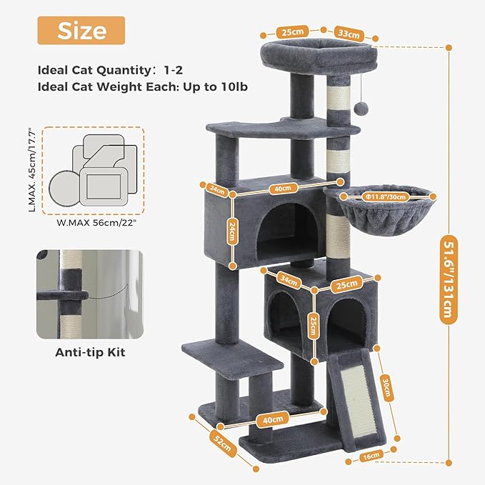 PAWZ Road Cat Tree, 51.6 Inches Cat Tower with Dual Condos, Spacious Perch, Cozy Basket and Sisal-Covered Scratching Posts for Indoor Cats- Dark Gray-Mewly Pet