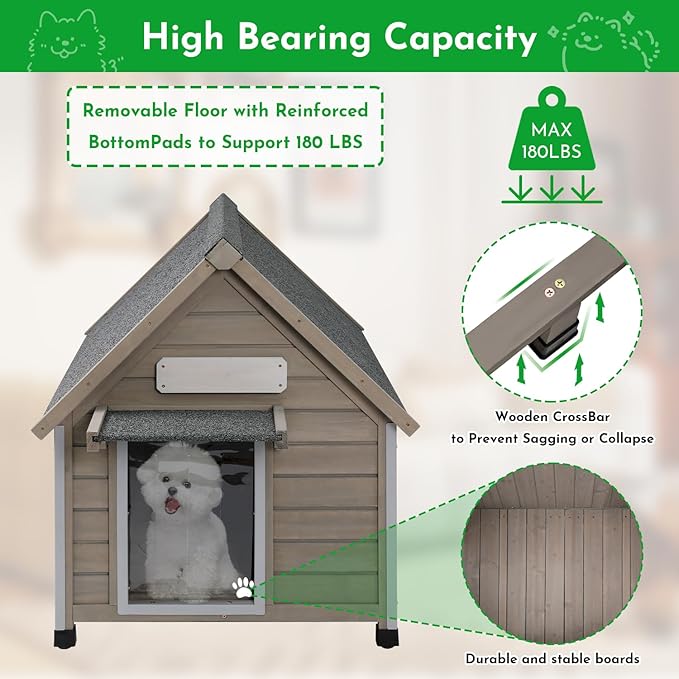 Outdoor Dog House Weatherproof Large Wooden Dog Kennel Indoor for Small Dogs with Chew-Proof Frame, Oxford Fabric Window, Removable Floor Pet Shelter (Grey, 26" D x 31.9" W x 32" H)-Mewly Pet