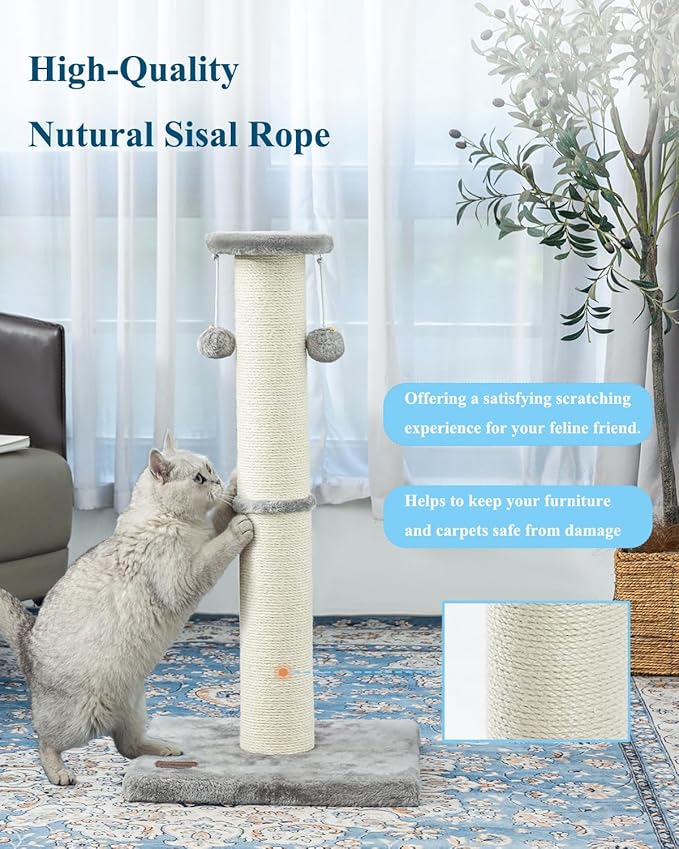 Kilodor 34Inch Tall Cat Scratching Post,4.3Inch Diameter Large Sisal Cat Scratch Post with Ball, Sturdy and Durable Cat Scratcher for Indoor Cats Adults Grey-Mewly Pet