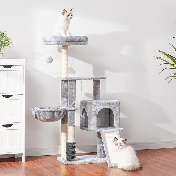 Heybly Cat Tree with Cat Self Groomer Brush, Cat Tower Condo for Indoor Cats with Padded Plush Perch, Cat House with Basket Scratching Board Post, Light Gray HCT005SW-Mewly Pet