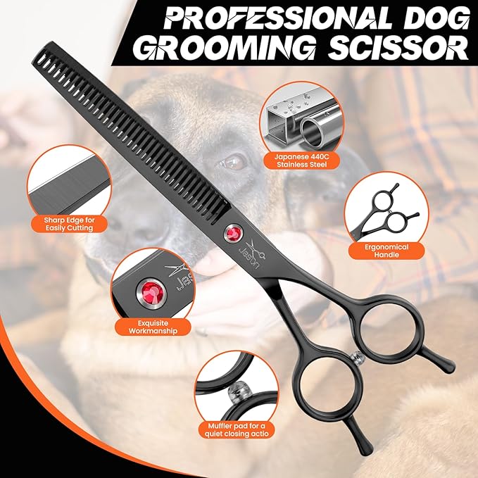 JASON 7.5" Dog Grooming Scissor - Professional Thinning Shear with 37 Teeth Japanese Stainless Steel Blender Scissors for Dogs, Cats and Other Pets (Thinning, Black)-Mewly Pet