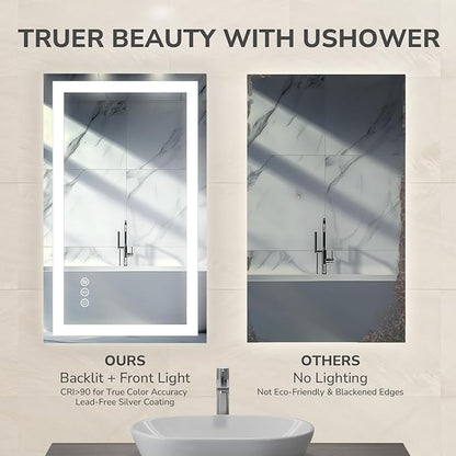 USHOWER LED Bathroom Mirror 24x36 Inch with Lights - Frameless Tempered Glass LED Backlit Lighted Mirror for Bathroom Vanity with Anti-Fog, 3 Colors Dimmable, Memory Function, Wall-Mounted