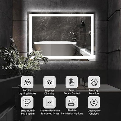 55 x 36 LED Bathroom Mirror with Lights, Lighted Bathroom Vanity Mirror for Wall, Espejos para Baños, Frontlit & Backlit, Anti-Fog, Shatterproof, 3 Adjustable Color Temperatures & Memory Function
