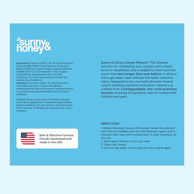 Sunny & Honey Carpet Cleaner Solution - 32 Fl Oz, Fresh Summer Scent - Rug Shampoo & Upholstery Cleaning Solution - Pet Odor Eliminator & Pet Stain Remover-Mewly Pet