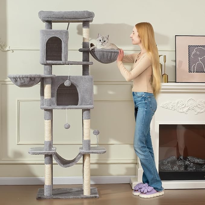 70-Inch Cat Tree,Large Cat Tree Tower with Hammock, Scratching Post, Condo and Multi-Level Cat Tower for Large Cats, Cat Activity Center Playhouse, Light Gray LCT016-Mewly Pet