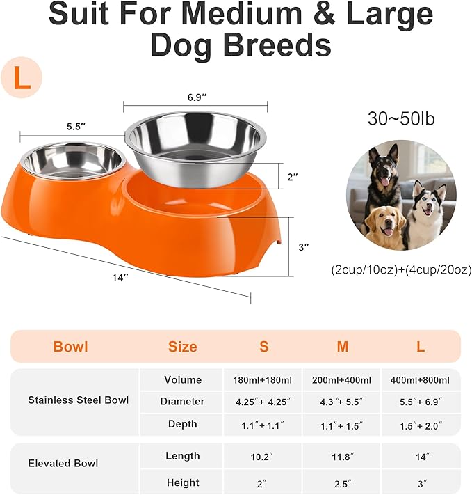 Elevated Dog Bowls Set - Non-Slip Raised Pet Feeder with Medium (10 oz) & Large (20 oz) Stainless Steel Bowls - Includes Durable Resin Stand for Puppies, Adult Dogs & Cats - Orange-Mewly Pet