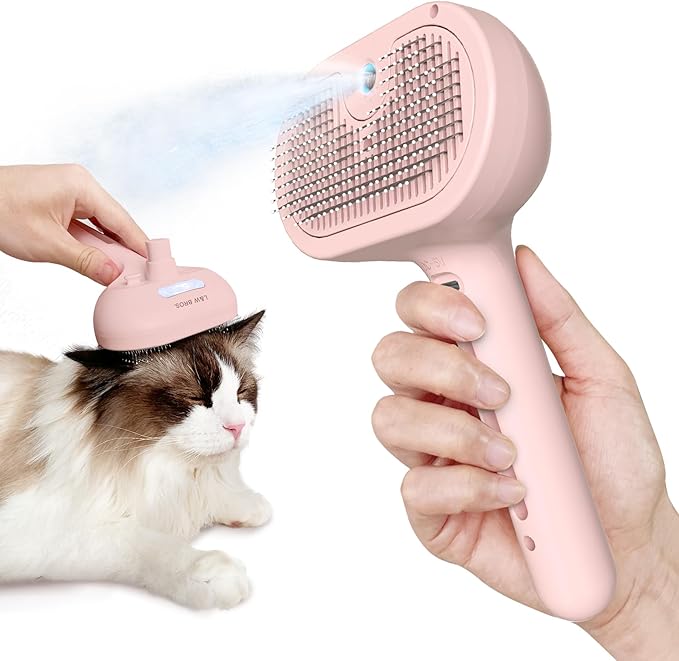 L&W BROS. Steam Grooming Brush for Shedding and Detangling – Self-Cleaning Steamy Pet Brush with Mist Spray for Long-Haired Cats and Small Dogs (Pink)-Mewly Pet