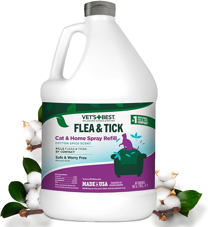 Vet's Best Natural Flea & Tick Home Spray for Cats – Cotton Spice Scented Indoor Pest Control Mist – Natural Flea Prevention with Certified Plant-Based Ingredients – 96 oz Refill – Made in USA-Mewly Pet