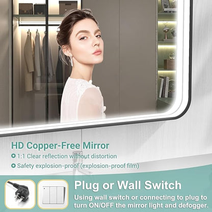 40x28 Inch LED Bathroom Mirror with Lights, Black Metal Framed LED Mirror for Bathroom, 3 Colors and Stepless Dimmable Wall Mounted Lighted Bathroom Vanity Mirror, Anti-Fog, Memory