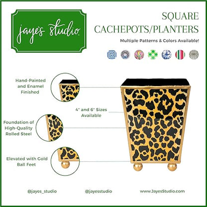 Jaye’s Studio Garden Party Decorative Gold Waste Basket for Bathroom Trash Can no Lid, Bedroom Garbage Can Square Office Trash Bin, Vanity Enamel White & Blue Bathroom Trash Can Gold Feet, 9 inch Wide