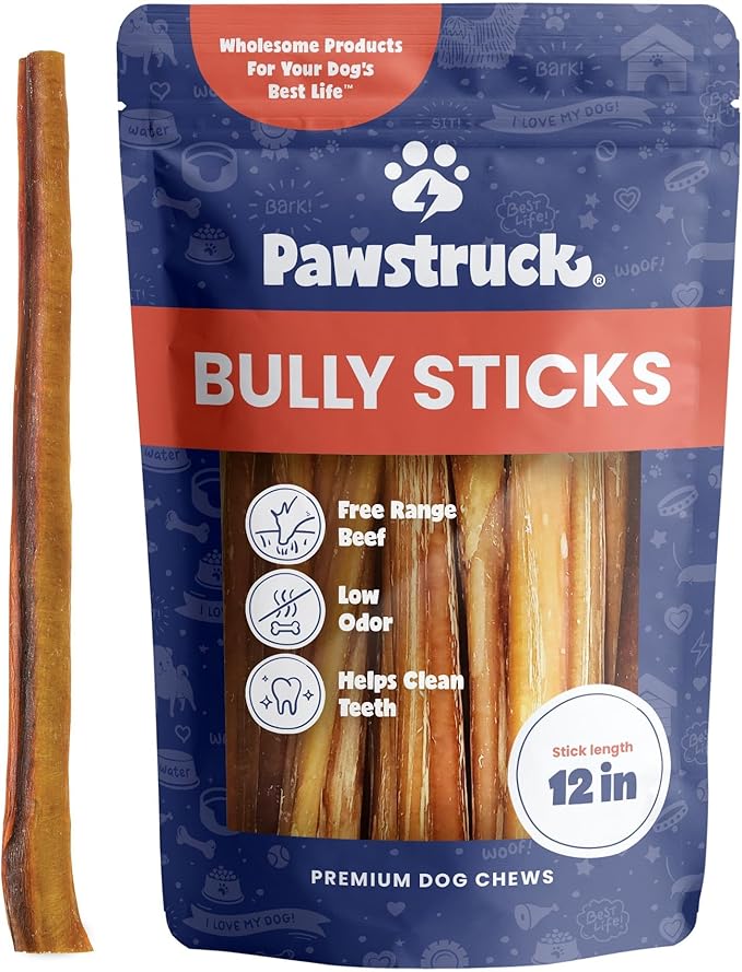 Pawstruck All-Natural 12" Bully Sticks for Dogs - Long Lasting, Rawhide-Free, Low Odor & Grain-Free Dental Chew Treat - Healthy Single Ingredient, 100% Real Beef - 1 lb Bag-Mewly Pet