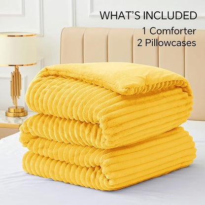BEDELITE Fleece King Comforter Set -Super Soft & Warm Fluffy Bright Yellow Bedding, Luxury Fuzzy Heavy Bed Set for Winter with 2 Pillow Cases