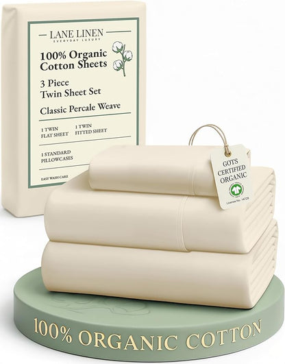 LANE LINEN 100% Organic Cotton Twin Bed Sheet Set, 3 Pc Twin Size Bed Sheets, Soft & Breathable Twin Sheet Set Boys, Hotel Style Bedding Sheets & Pillowcases, 15" Deep Fitted Sheet - Natural