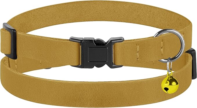 Breakaway Cat Collar Leather with Removable Bell - 13 Colors Available - Soft Adjustable Girl Boy Safety Lightweight Pet Kitten Collars Pink Brown Blue Green Red Orange Black (Mustard)-Mewly Pet