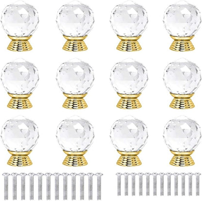 12 Pcs 30mm Round Shape Crystal Glass Cabinet Knobs with Screws Drawer Knob Pull Handle Used for Kitchen, Dresser, Door, Cupboard(Gold B Clear)