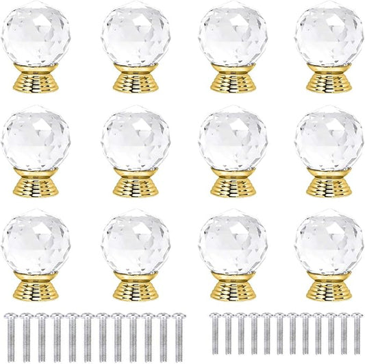 12 Pcs 30mm Round Shape Crystal Glass Cabinet Knobs with Screws Drawer Knob Pull Handle Used for Kitchen, Dresser, Door, Cupboard(Gold B Clear)