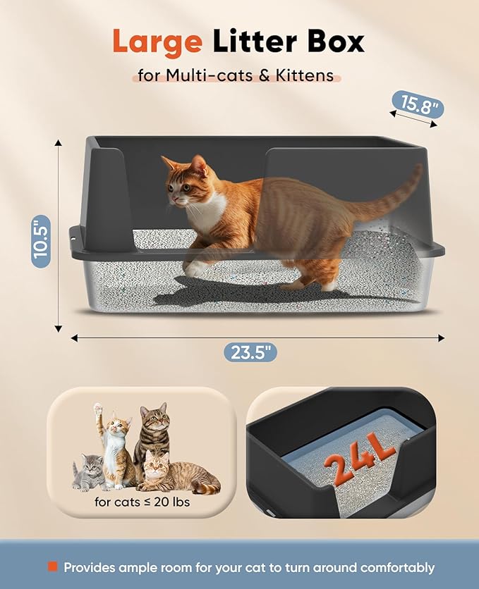 Stainless Steel Litter Box with Lid, 23.5" L x 15.8" W x 10.5" H, Large Metal Cat Box for Big Cats, High Sided Kitty Litter Box with Scoop & Pee Pads, Non-Sticky, Anti-Leakage, Easy to Clean (Black)-Mewly Pet