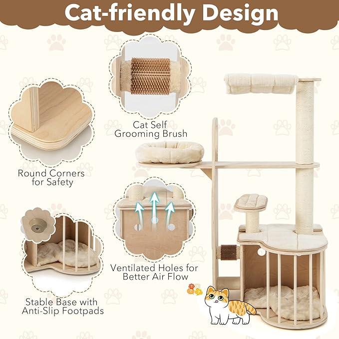 Tangkula Wood Cat Tree for Indoor Cats, 55 Inch Multi-Level Cat Tower Activity Center with Hammock, Cat Condo, Sisal Scratching Posts & Washable Cushions, Modern Cat Tree Houses for Large Cats-Mewly Pet