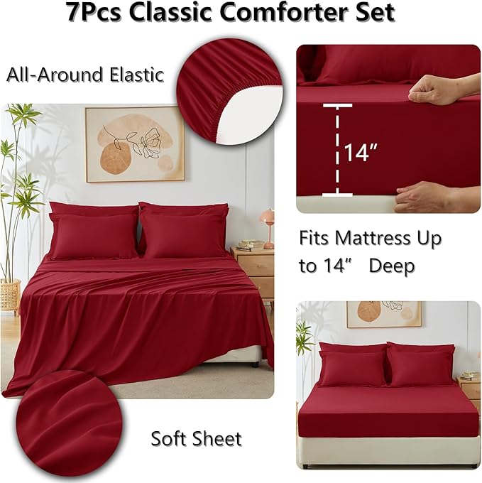 CozyLux Queen Comforter Set Dark Red - Bed in a Bag Queen Size 7 Pieces, Luxury Soft Bed Set for All Seasons, Bedding Set with Down Alternative Comforter, Sheets, Pillowcases & Shams