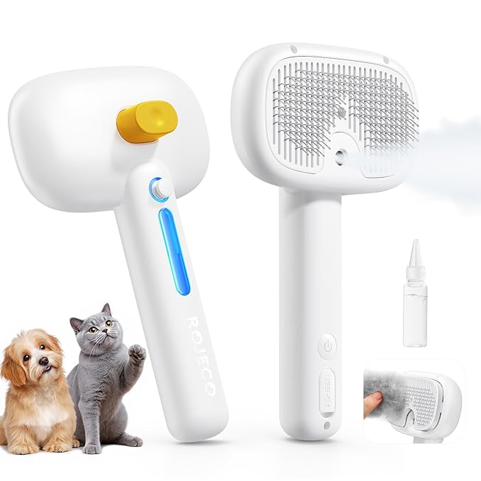 ROJECO 3-in-1 Pet Steam Brush for Cats&Dogs-Pet Spray Hair Removal Detangling Comb with Adjustable Mist,Handheld Deshedding Grooming Tool for Long/Short Hair,Massage Brush & Shedding Control,Cordless-Mewly Pet