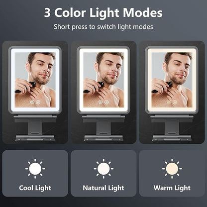 Heated Shower Mirror Fogless for Shaving, 3 Colors Stepless Dimmable Lights Fogless Mirror for Shower, Rechargeable Anti Fog Shaving Mirror with Razor Holder for Men, Light Memory Function, Gray