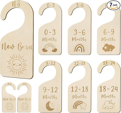 Baby Closet Dividers, Wooden Double Sided Nursery Clothes Size Separators for Newborn to 24 Months, Neutral, 7 Pcs