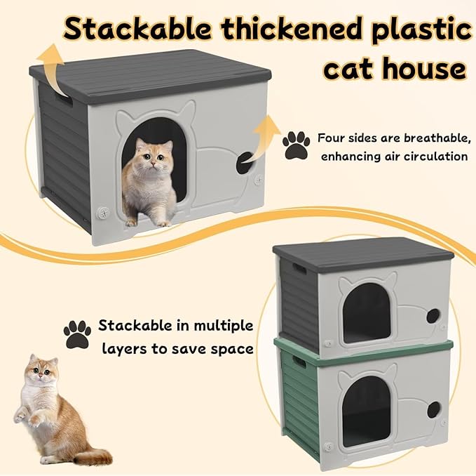 Plastic Outdoor Cat House Waterproof Feral Cat Shelter(Gray)-Mewly Pet