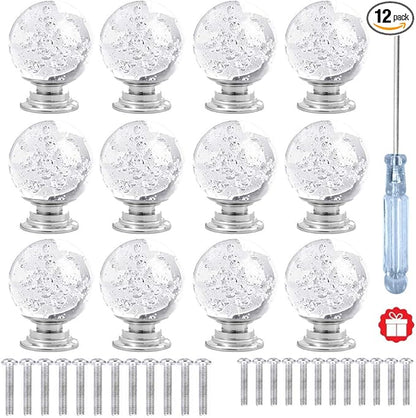 12 Pcs 30mm Round Shape Bubble Crystal Glass Cabinet Knobs with Screws Drawer Knob Pull Handle Used for Kitchen, Dresser, Door, Cupboard (Clear)